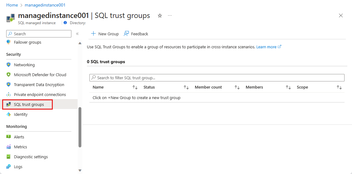 Snímek obrazovky se stránkou skupin důvěryhodnosti SQL pro spravovanou instanci SQL