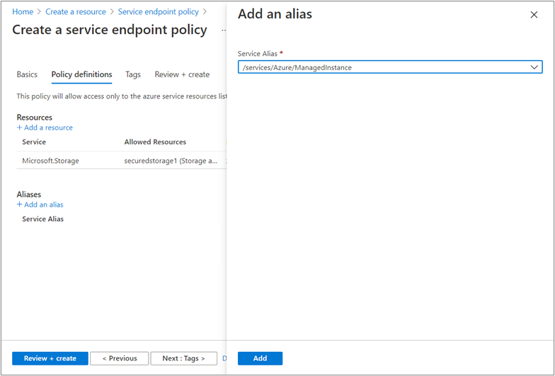 Přidání aliasu do zásad koncového bodu služby