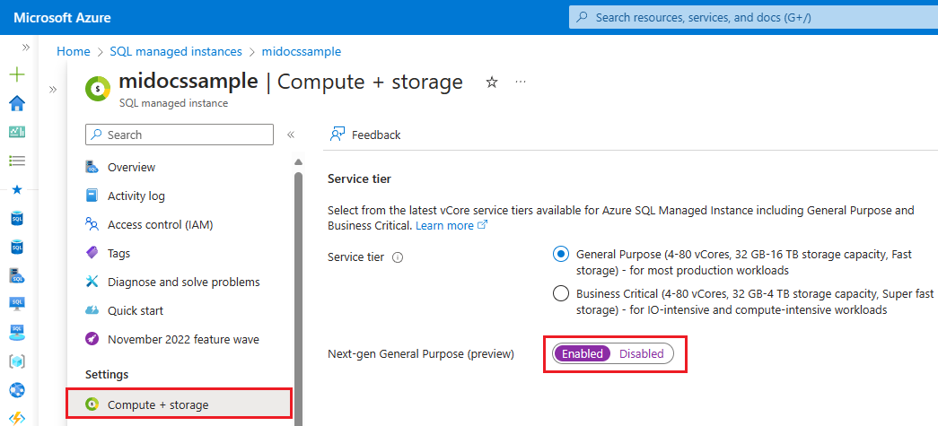 Snímek obrazovky se stránkou výpočetních prostředků a úložiště pro vaši instanci na webu Azure Portal s vybranou možností pro obecné účely příští generace