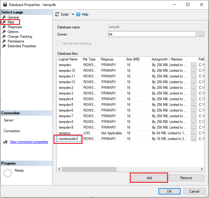 Snímek obrazovky s vlastnostmi databáze v SSMS se zvýrazněným názvem nového souboru databáze