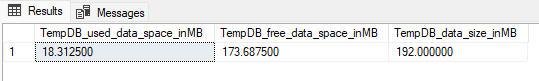 Snímek obrazovky s výsledkem dotazu v nástroji SSMS zobrazující využité a volné místo v datovém souboru tempdb