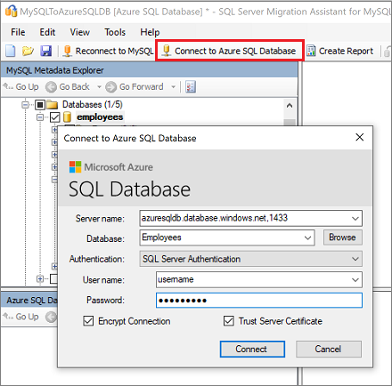 Snímek obrazovky s podoknem Připojit ke službě Azure SQL Database v nástroji SSMA for MySQL