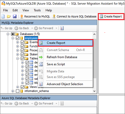 Snímek obrazovky s odkazy Vytvořit sestavu v nástroji SSMA for MySQL