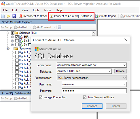 Snímek obrazovky znázorňující připojení ke službě Azure SQL Database