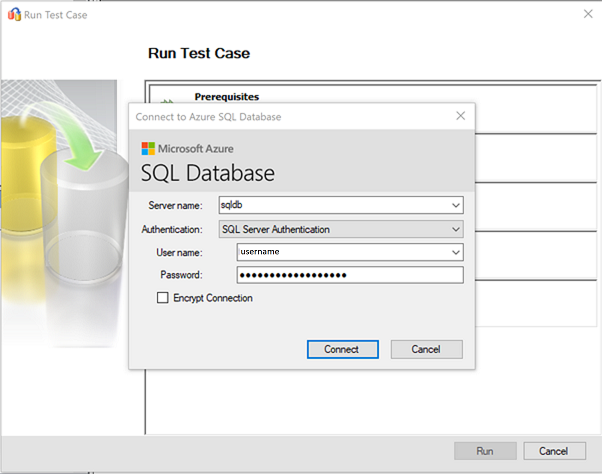 Snímek obrazovky znázorňující krok pro připojení k cíli SQL