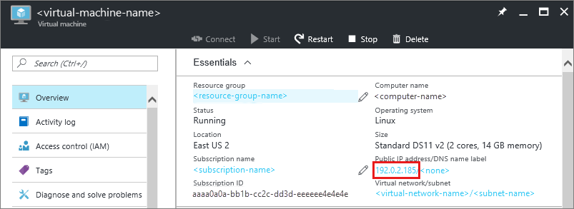 IP adresa na webu Azure Portal