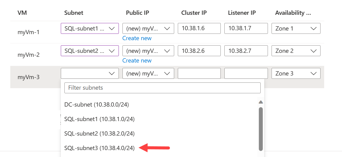 Snímek obrazovky webu Azure Portal zobrazující stránku pro konfiguraci podsítí a IP adres