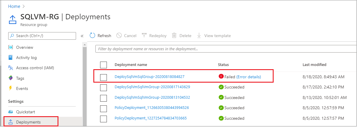 Snímek obrazovky webu Azure Portal s neúspěšným nasazením skupiny dostupnosti v seznamu nasazení