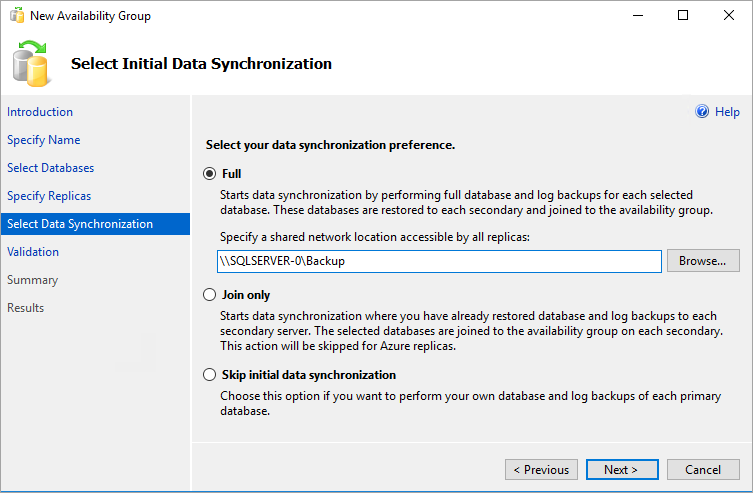 Snímek obrazovky s možnostmi synchronizace dat v Průvodci novou skupinou dostupnosti v nástroji SSMS