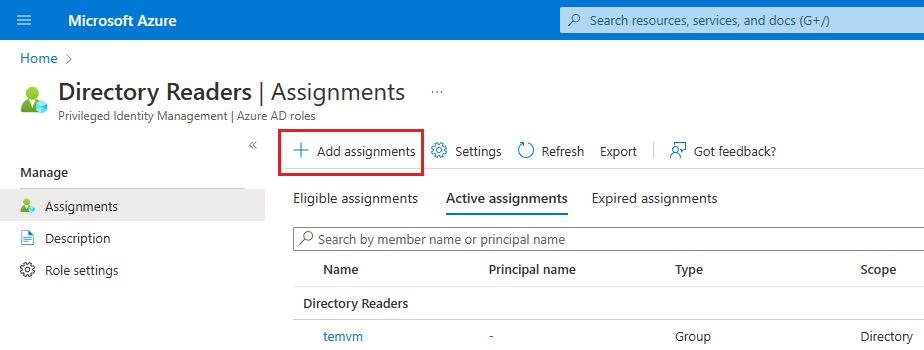 Snímek obrazovky se stránkou Čtenáři adresáře na webu Azure Portal