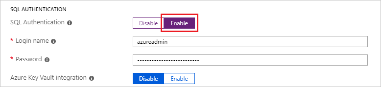 Snímek obrazovky webu Azure Portal s povolenými možnostmi ověřování SQL Serveru