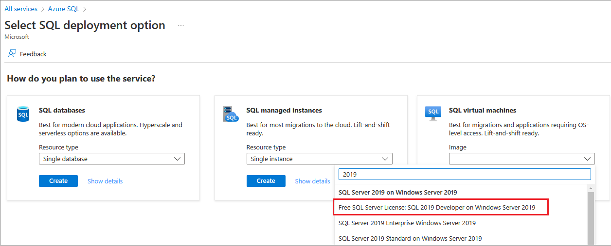 Snímek obrazovky webu Azure Portal s výběrem možnosti nasazení image virtuálního počítače SQL