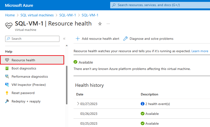 Snímek obrazovky se stránkou Resource Health na webu Azure Portal