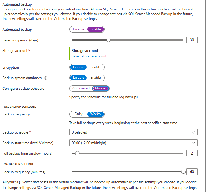 Snímek obrazovky webu Azure Portal, prostředku virtuálních počítačů SQL zobrazující, kde nakonfigurovat automatizované zálohování a plán