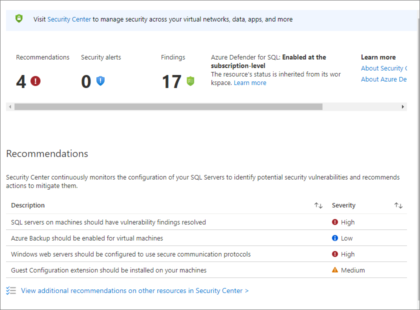 Snímek obrazovky webu Azure Portal s prostředkem virtuálních počítačů SQL, který ukazuje, kde nakonfigurovat nastavení SQL Serveru Defender pro cloud