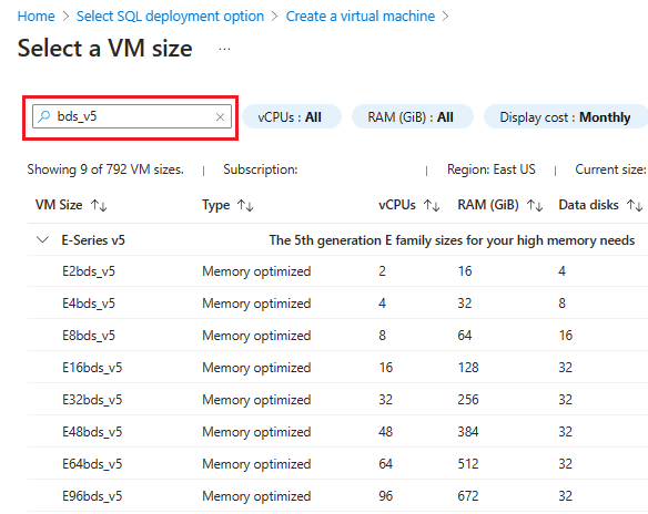 Snímek obrazovky se stránkou velikosti vybraného virtuálního počítače na webu Azure Portal