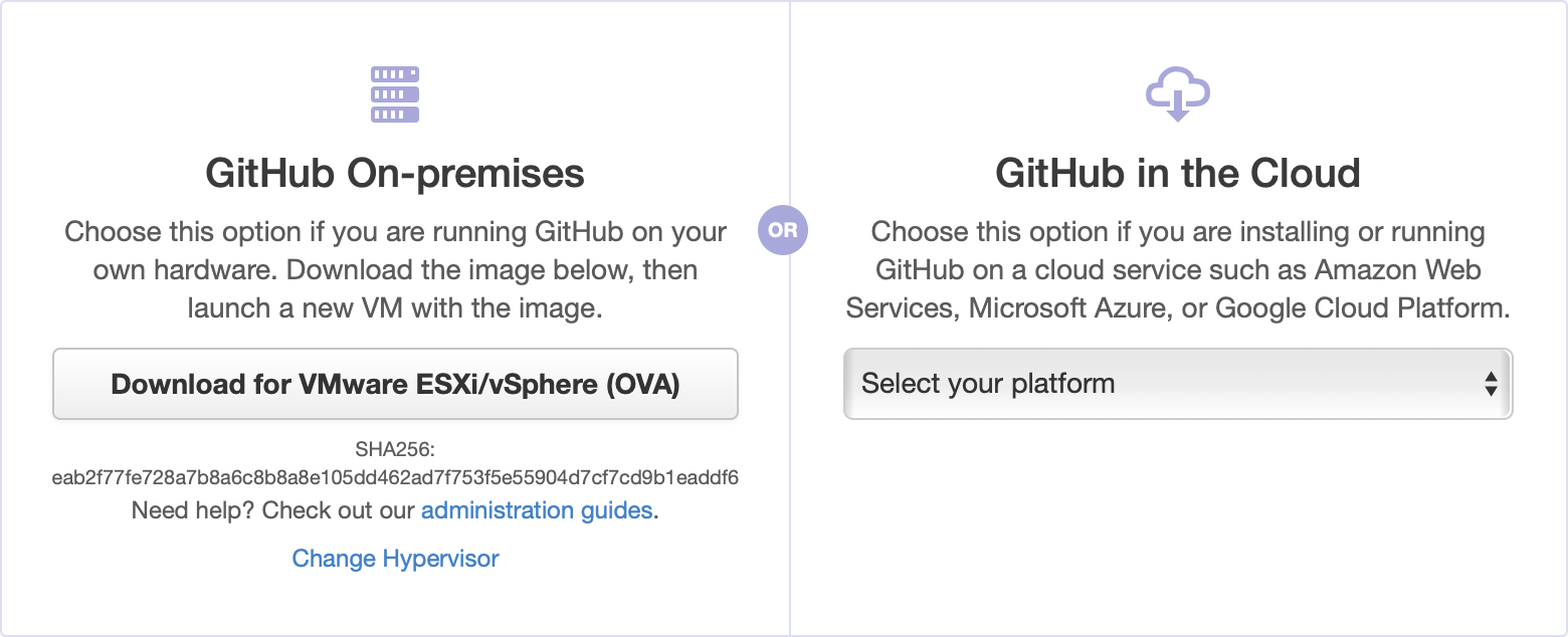 Snímek obrazovky znázorňující GitHub Enterprise Server v možnostech instalace VMware