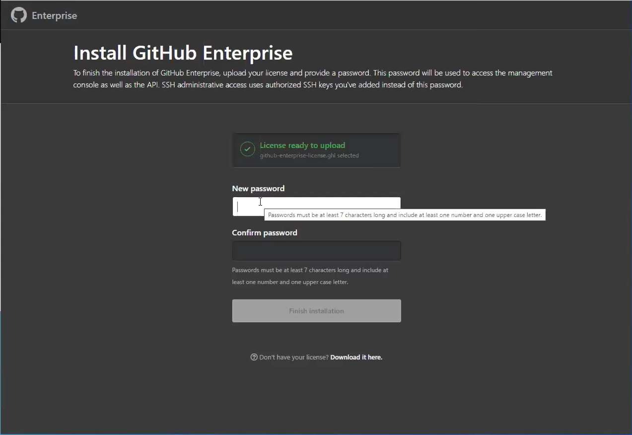 Snímek obrazovky s oknem Nainstalovat GitHub Enterprise