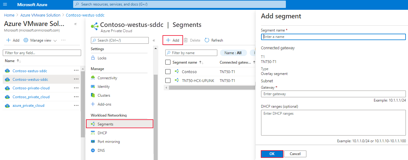 Snímek obrazovky znázorňující, jak přidat nový segment NSX na webu Azure Portal