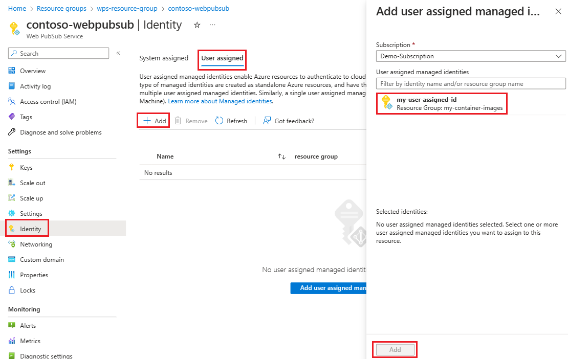 Snímek obrazovky znázorňující přidání spravované identity přiřazené uživatelem