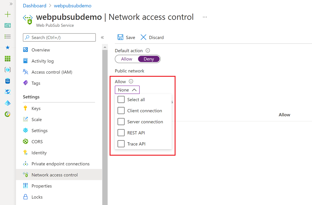 Snímek obrazovky znázorňující úpravy seznamu řízení přístupu k veřejné síti na webu Azure Portal