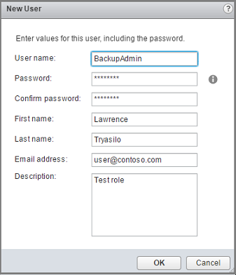 Screenshot shows the New User dialog box.