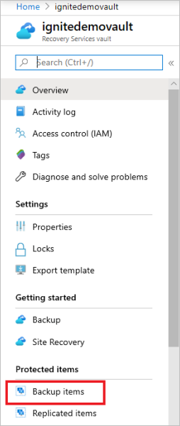 Snímek obrazovky znázorňující odkaz Zálohované položky na řídicím panelu trezoru služby Recovery Services