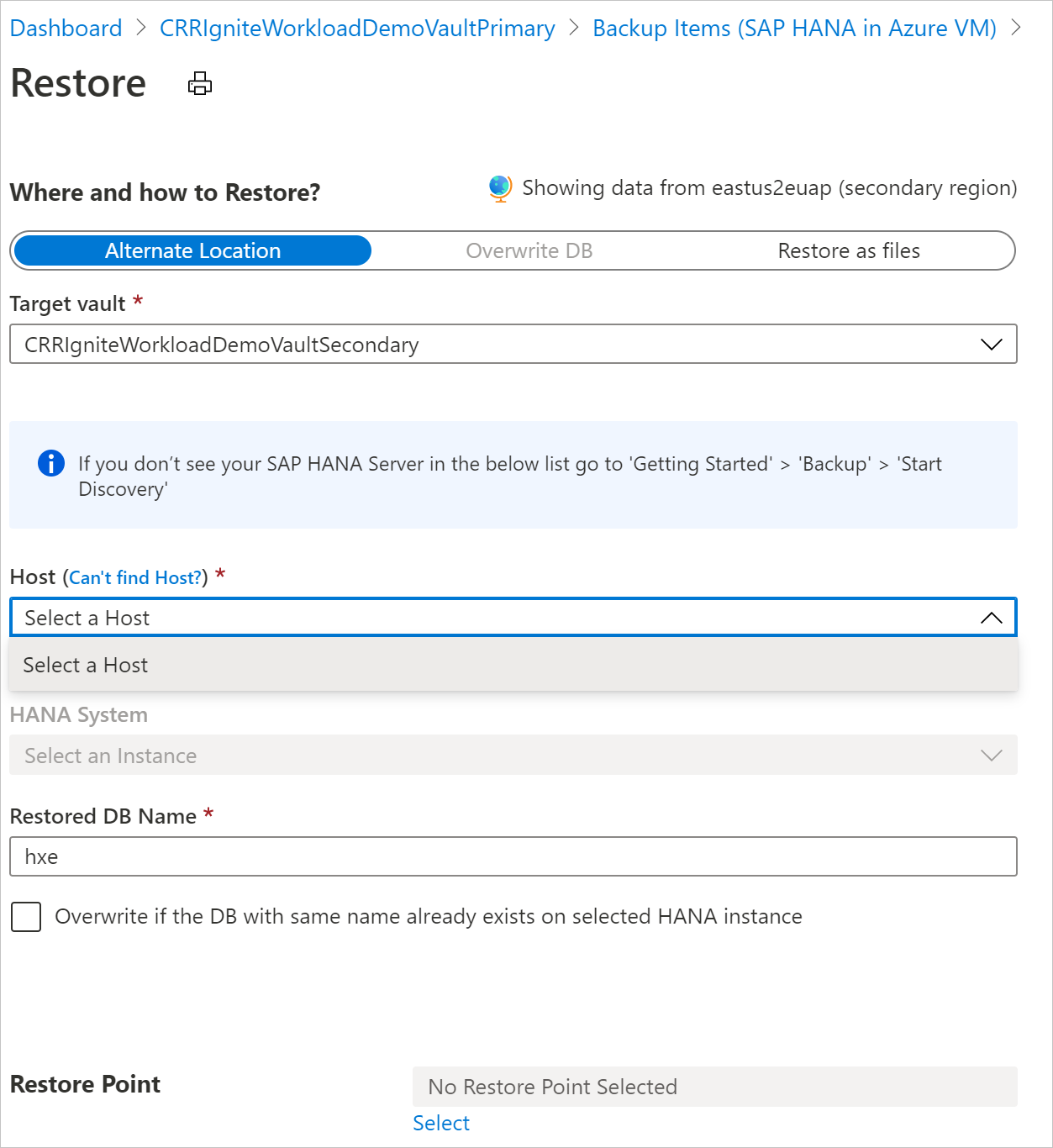 Snímek obrazovky znázorňující podokno Where a how to Restore (Kde a jak obnovit)