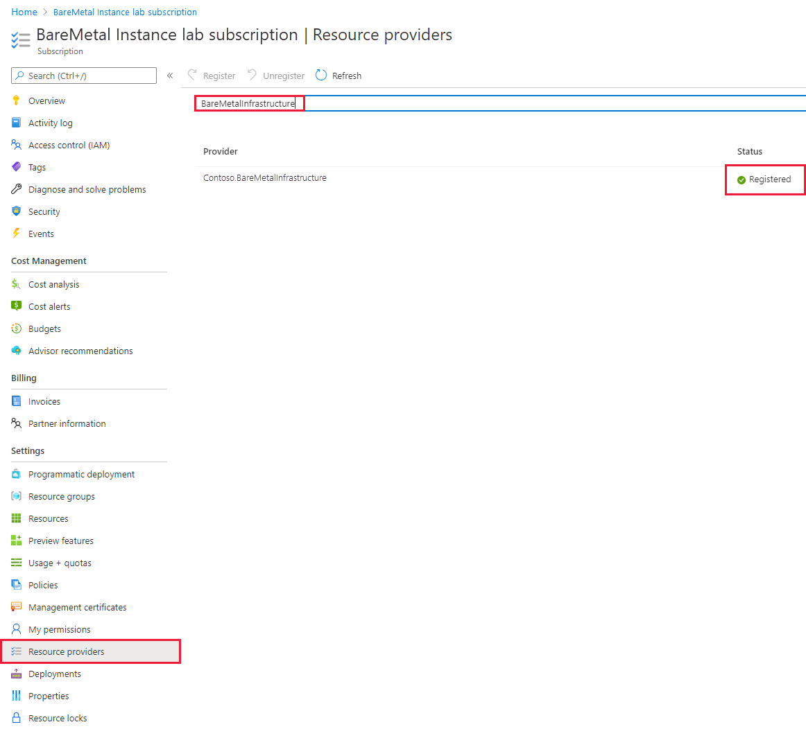 Snímek obrazovky znázorňující zaregistrované instance BareMetal