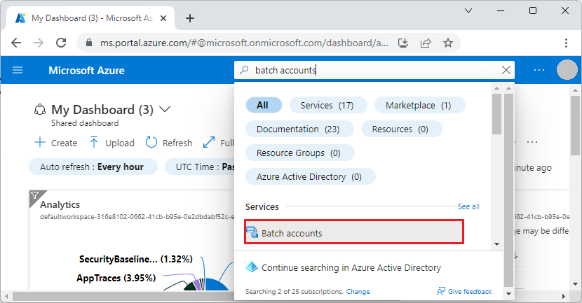 Snímek obrazovky s výběrem účtů Batch na webu Azure Portal