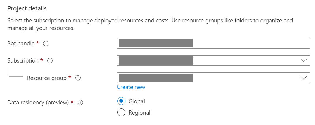 Nastavení podrobností projektu pro prostředek Azure Bot