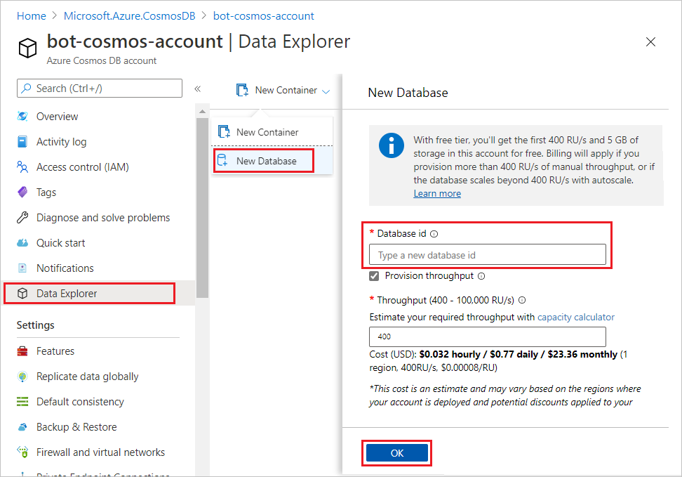 Snímek obrazovky s vytvářením databáze Cosmos DB