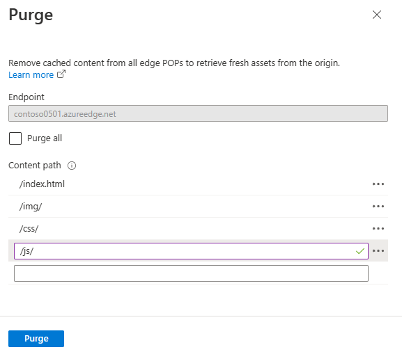 Snímek obrazovky se stránkou vyprázdnění v profilu služby Azure Content Delivery Network