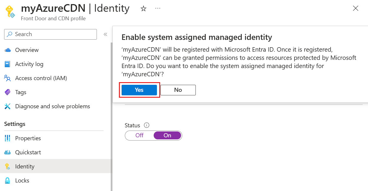 Snímek obrazovky se zprávou potvrzení spravované identity přiřazené systémem