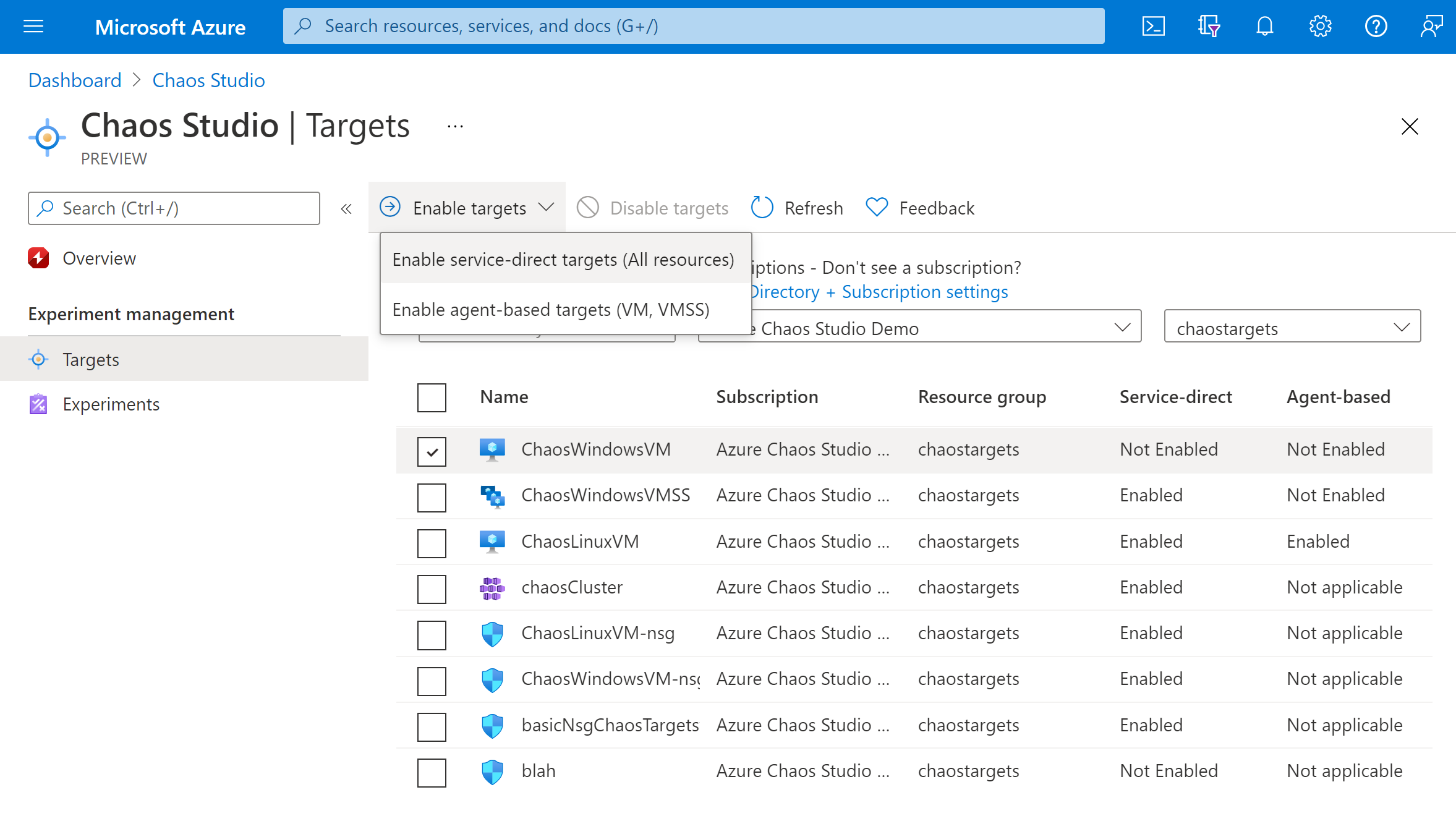 Snímek obrazovky znázorňující zobrazení Cíle na webu Azure Portal