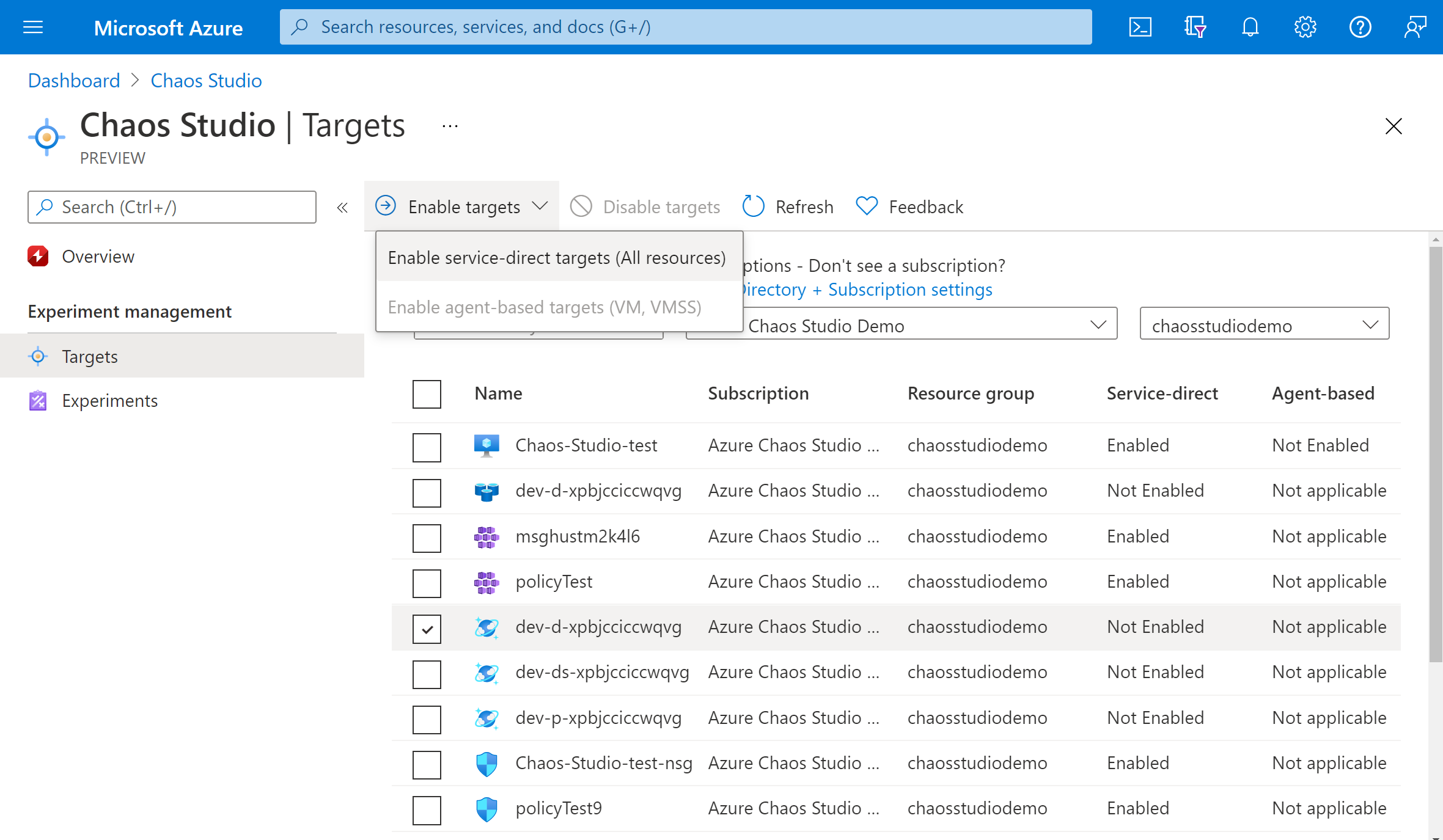 Snímek obrazovky znázorňující povolení cílů na webu Azure Portal