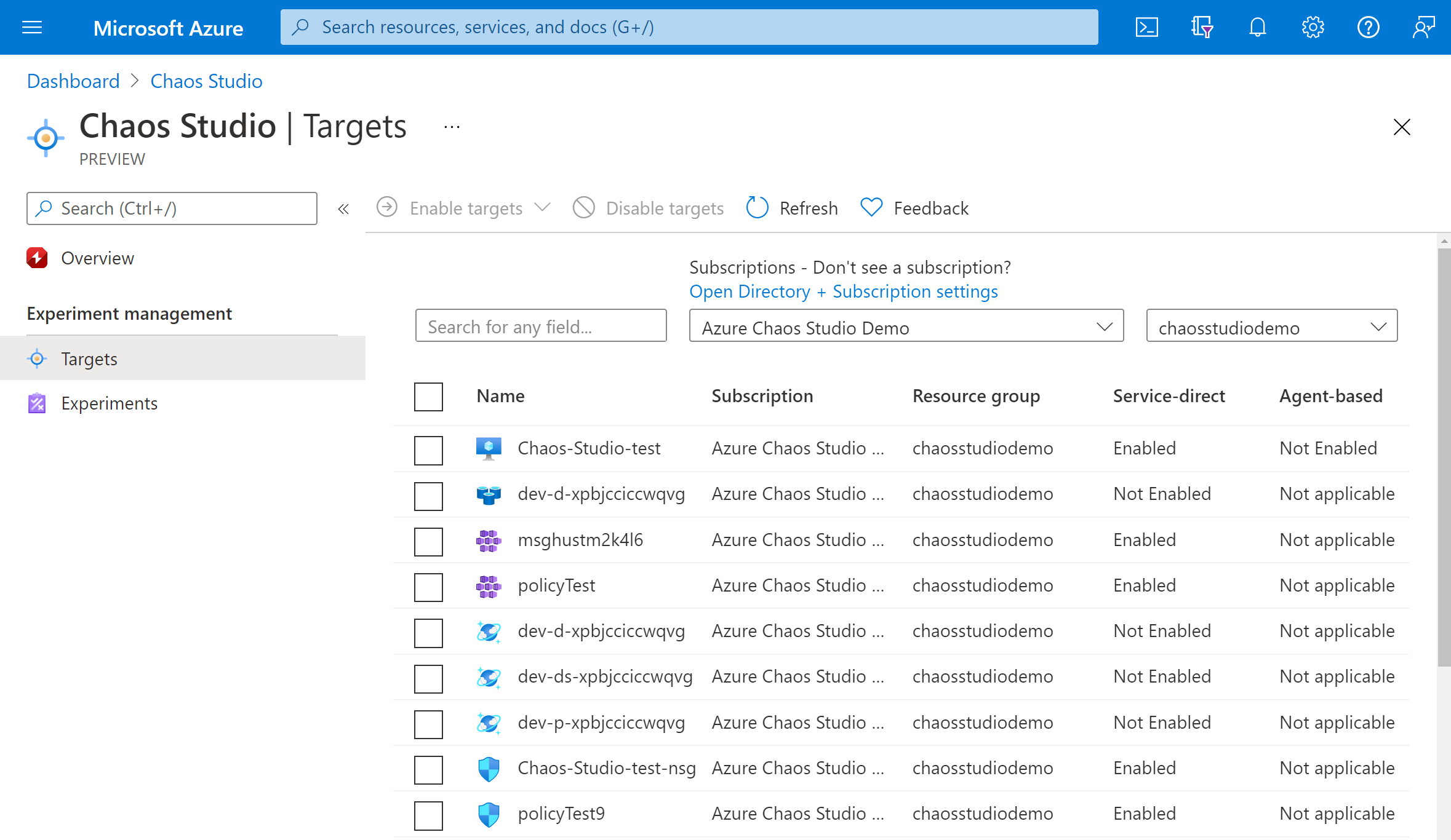 Snímek obrazovky znázorňující zobrazení Cíle na webu Azure Portal