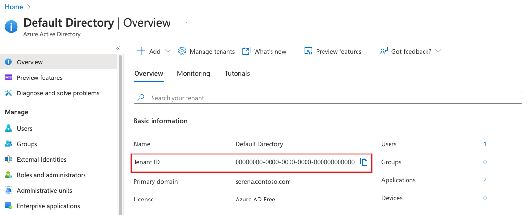 Snímek obrazovky, který ukazuje, jak zkopírovat ID tenanta Microsoft Entra a uložit ho