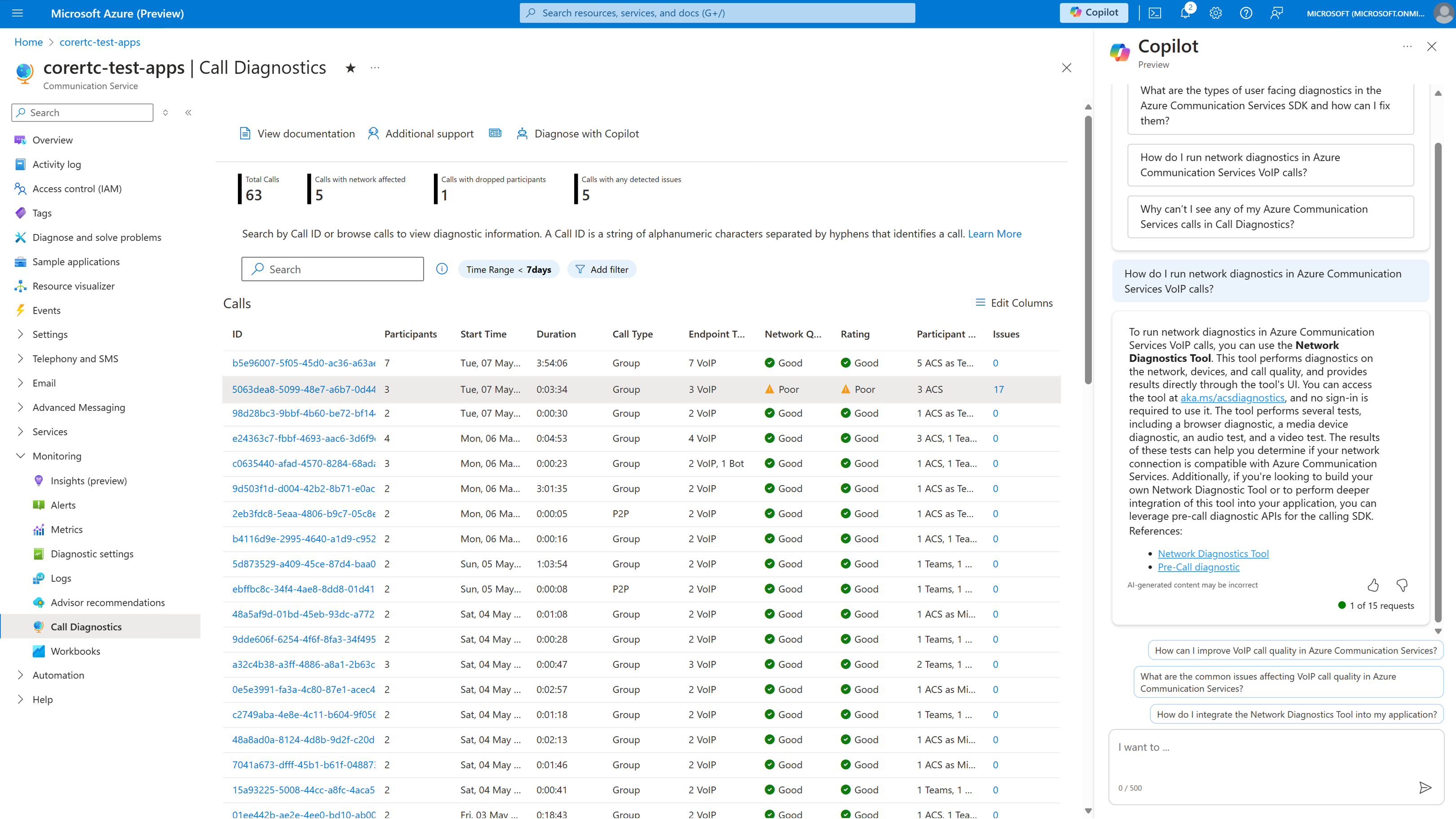 Snímek obrazovky s vyhledáváním diagnostiky volání, které zobrazuje nedávná volání prostředku Azure Communications Services a odpověď z Copilotu v Azure