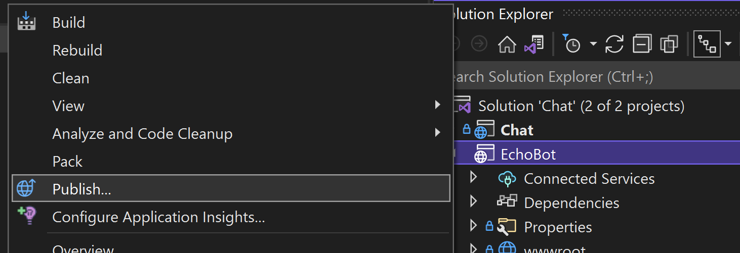 Snímek obrazovky znázorňující publikování webové aplikace ze sady Visual Studio