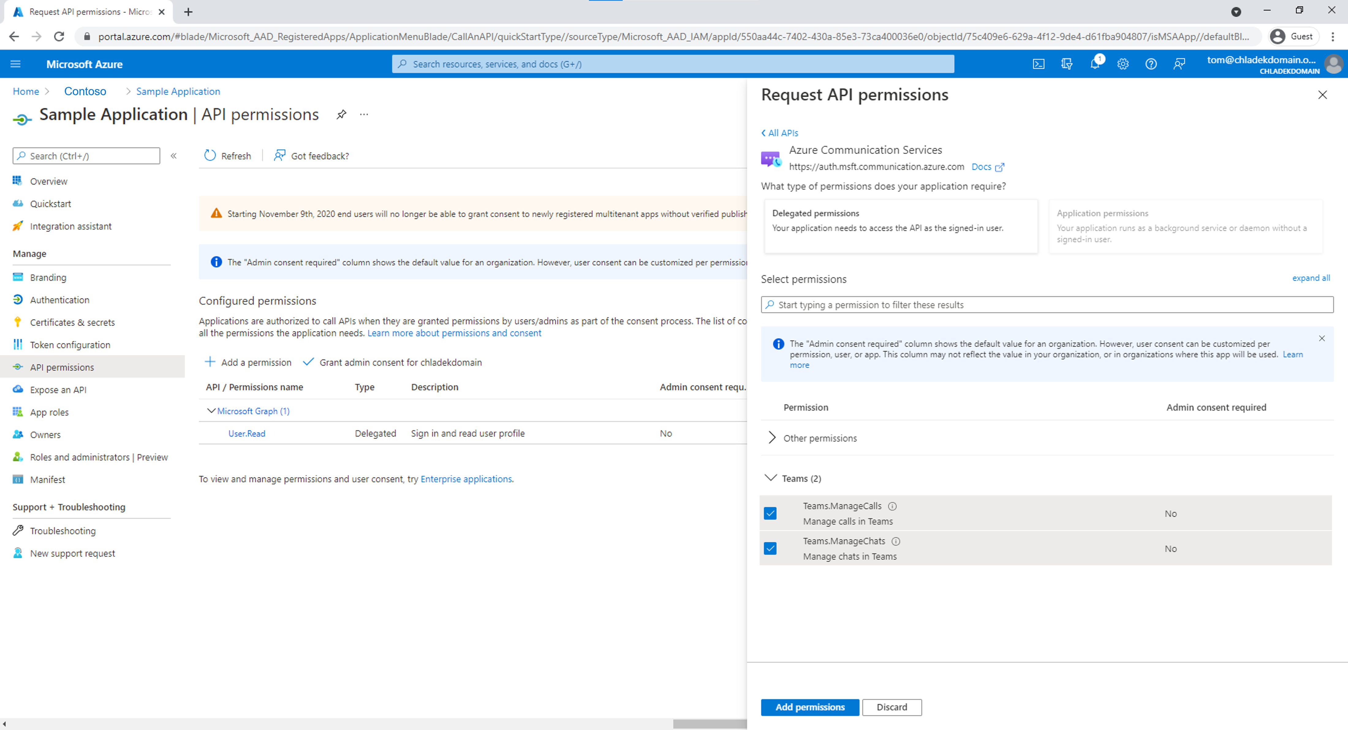 Přidejte oprávnění Teams.ManageCalls a Teams.ManageChats k aplikaci Microsoft Entra vytvořenou v předchozím kroku.