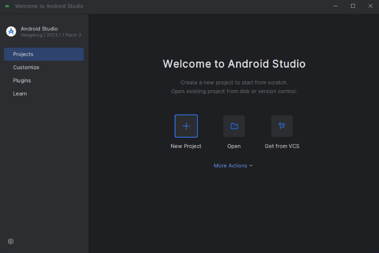 Snímek obrazovky s tlačítkem Start a new Android Studio Project (Spustit nový projekt Android Studio) vybraným v android Studiu