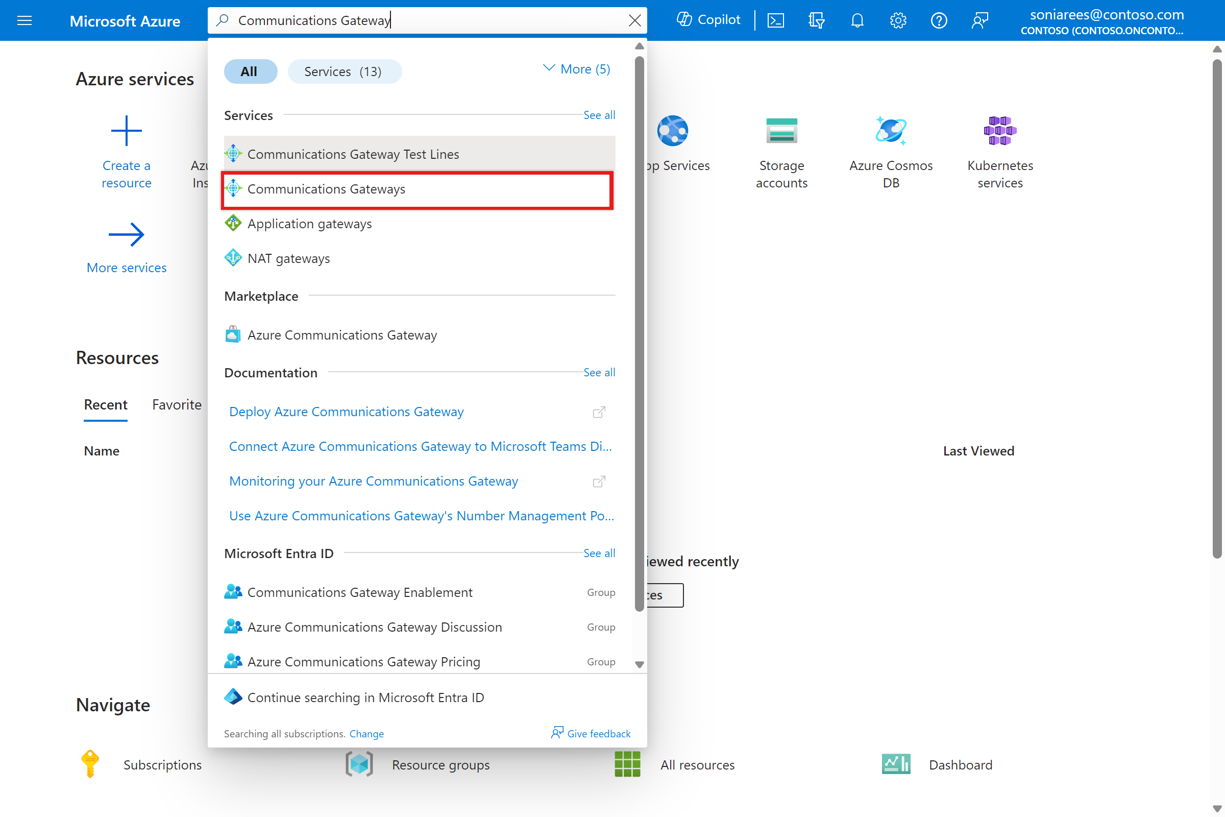 Snímek obrazovky webu Azure Portal Zobrazuje výsledky hledání služby Azure Communications Gateway.