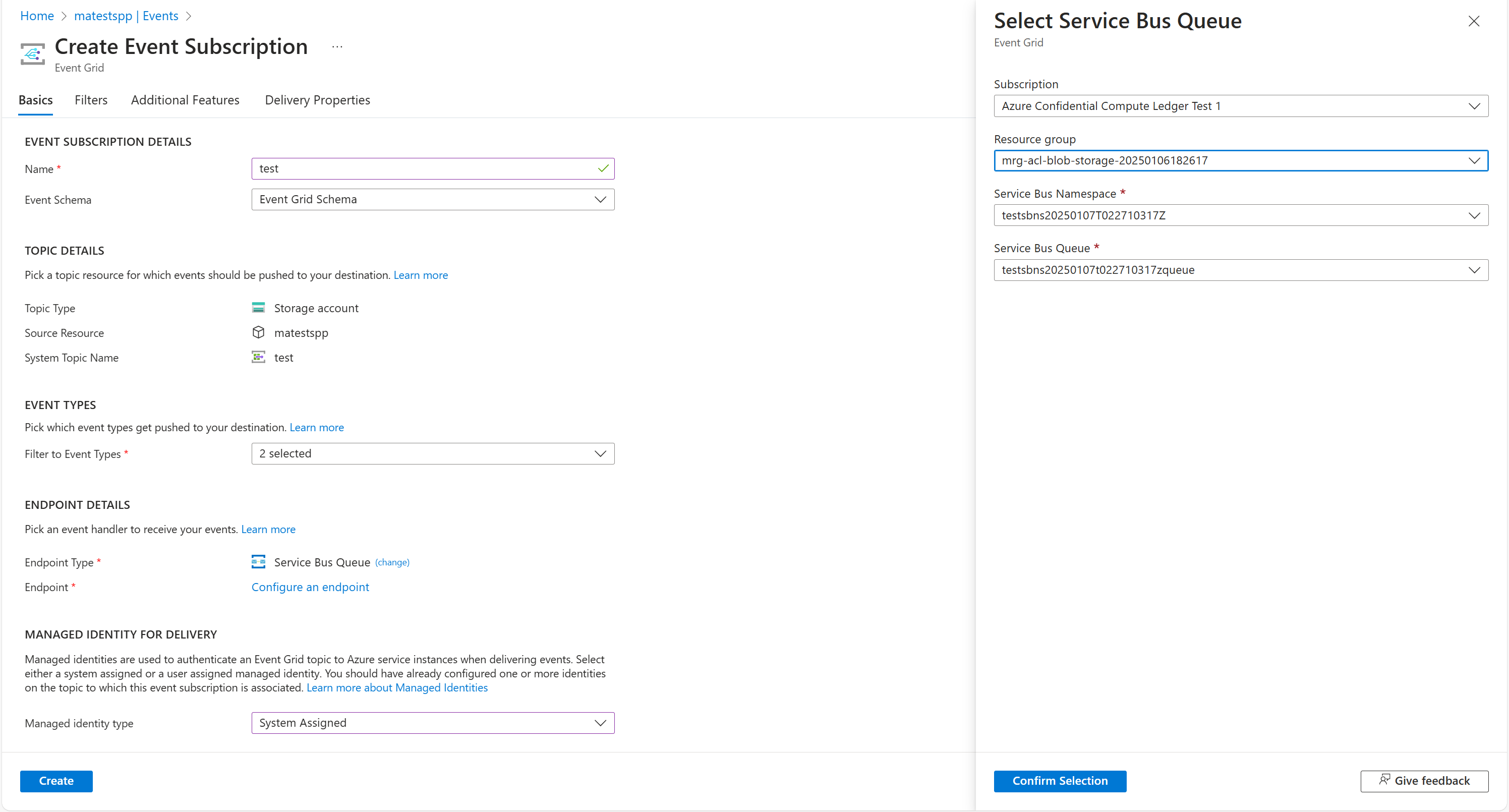 Snímek obrazovky webu Azure Portal ve webovém prohlížeči znázorňující, jak nastavit odběr událostí úložiště