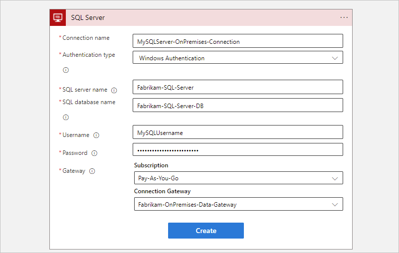 Snímek obrazovky s webem Azure Portal, pracovním postupem Consumption a informacemi o místním připojení k SQL Serveru s vybraným ověřováním