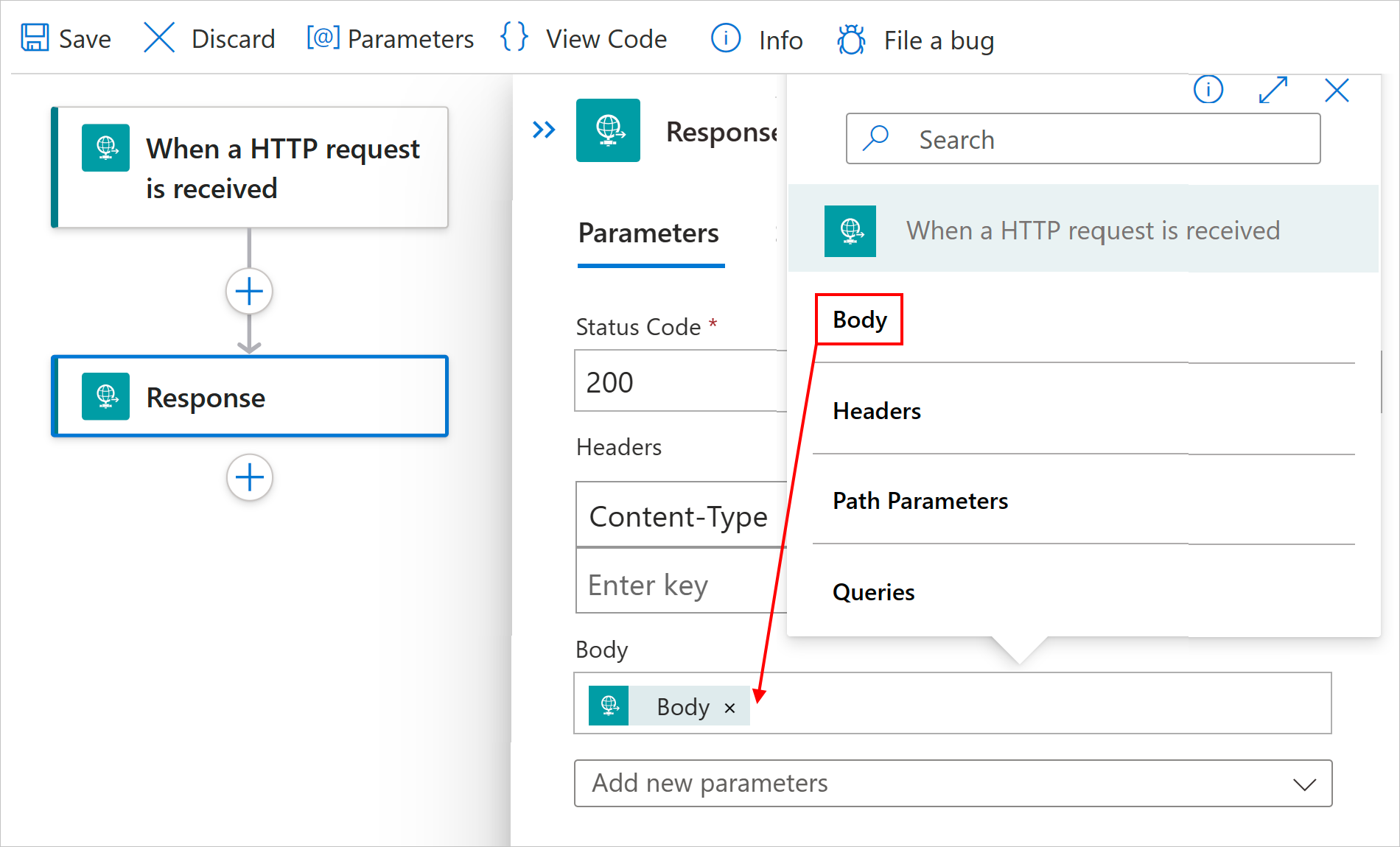 Snímek obrazovky znázorňující informace o akci webu Azure Portal, standardní pracovní postup a odpověď