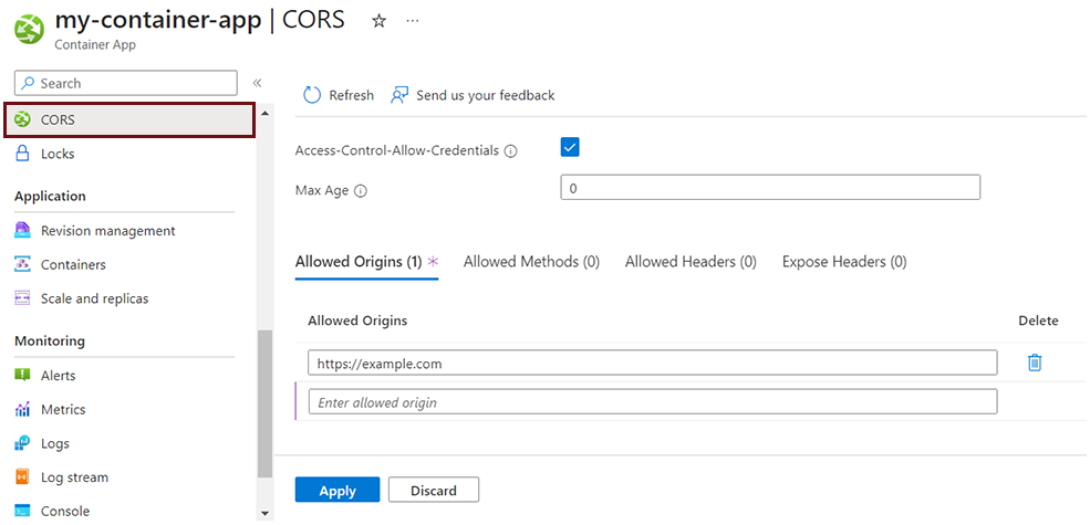 Snímek obrazovky znázorňující povolení CORS na webu Azure Portal