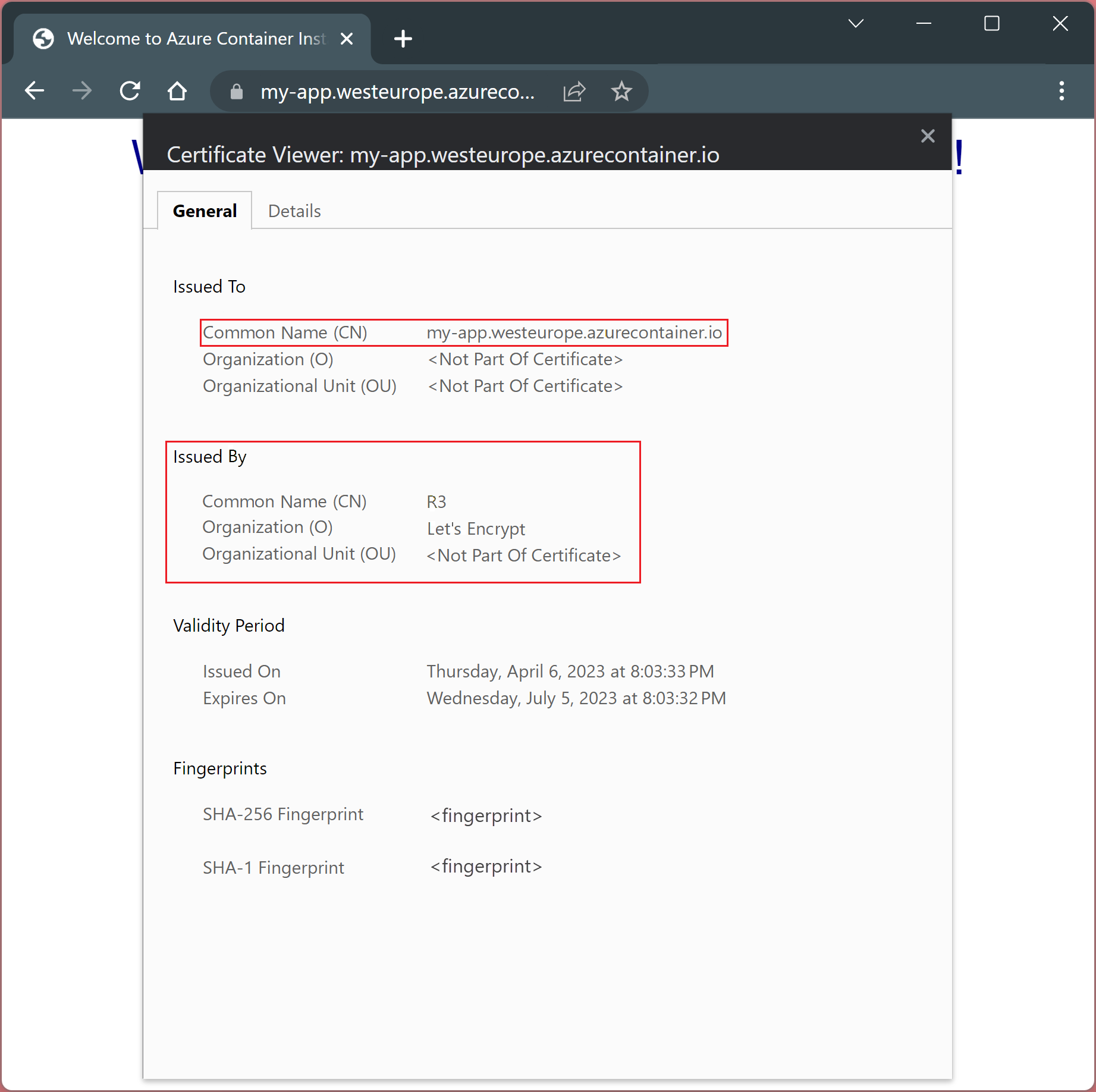 Snímek obrazovky s certifikátem vydaným funkcí Let's Encrypt