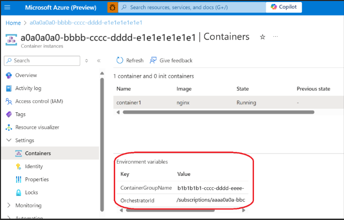 Snímek obrazovky prostředku kontejneru na webu Azure Portal zobrazující proměnné prostředí obsahující vlastnosti ContainerGroupName a OrchestratorId