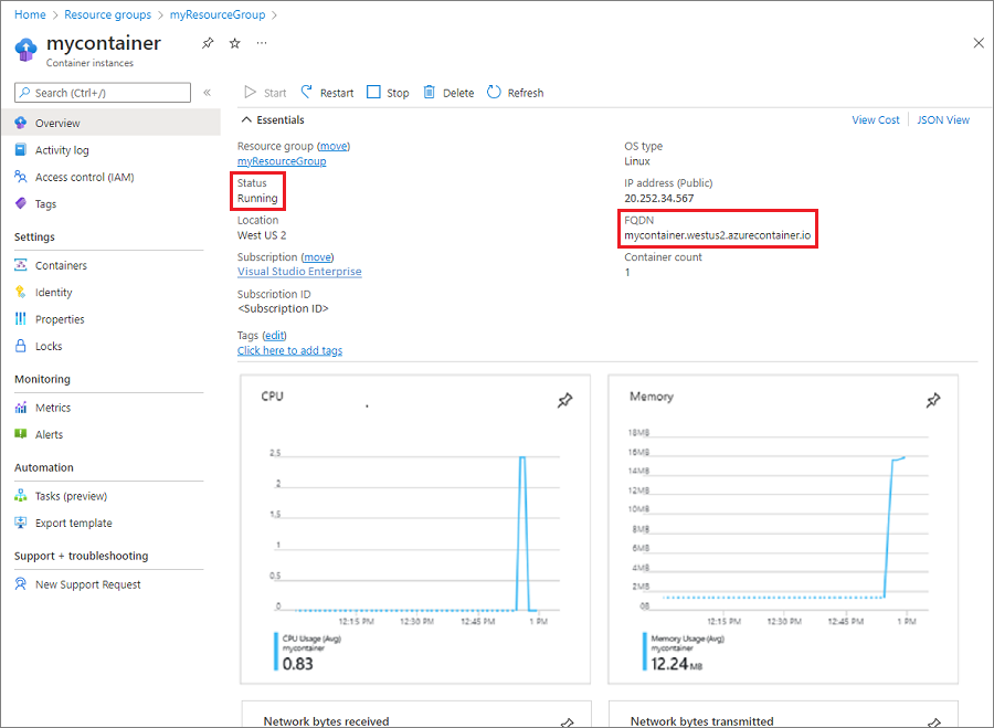 Přehled skupiny kontejnerů na webu Azure Portal